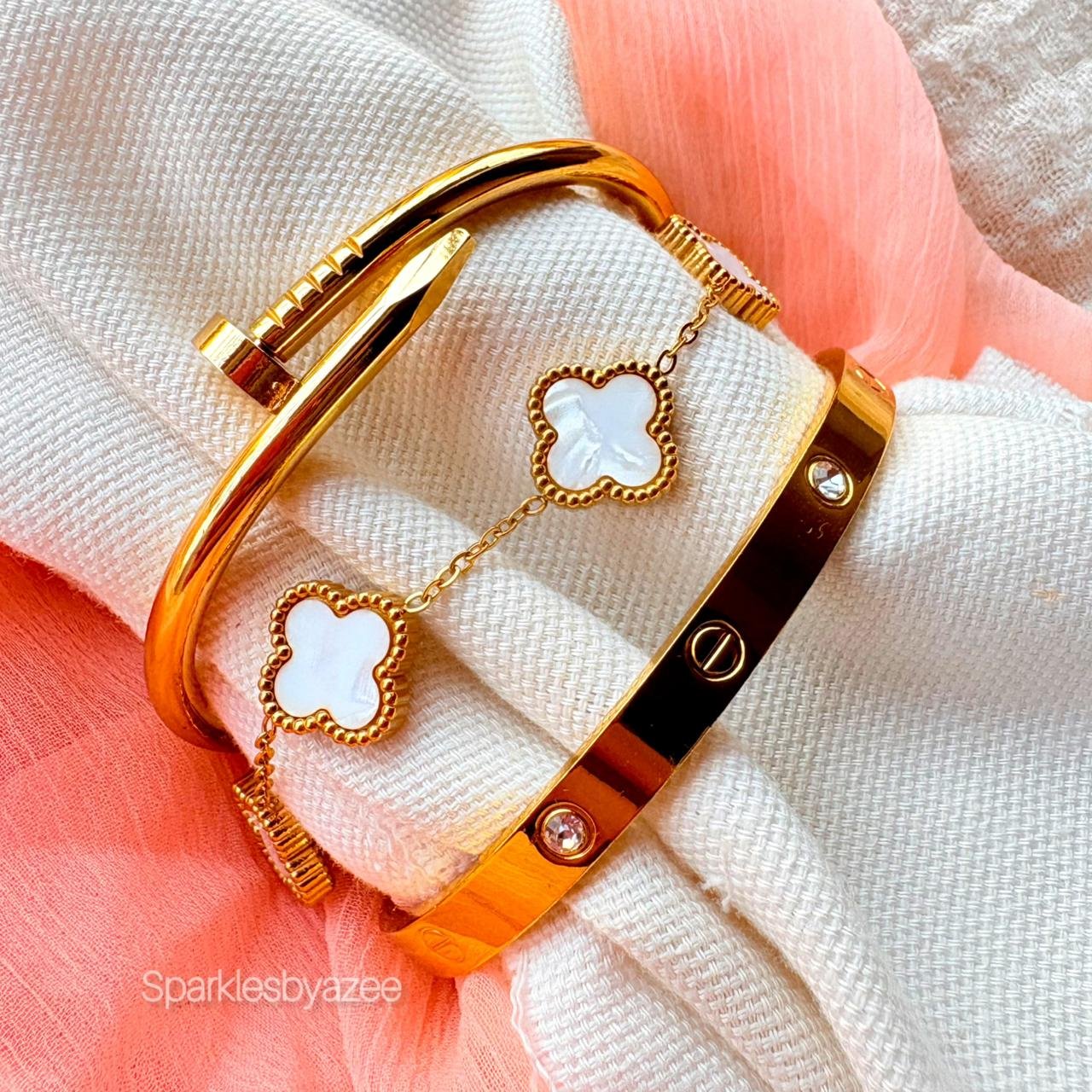 Set of 3 Bracelet Nail- Cartier- White Clover (18K Gold Plated)